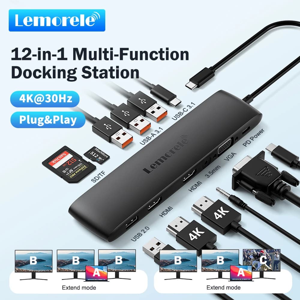Lemorele 13Ports USB Hub Type C Hub USB Docking Station Dual HDMI 4K30Hz VGA USB3.0 Adapter for Macbook Windows Laptop Hub