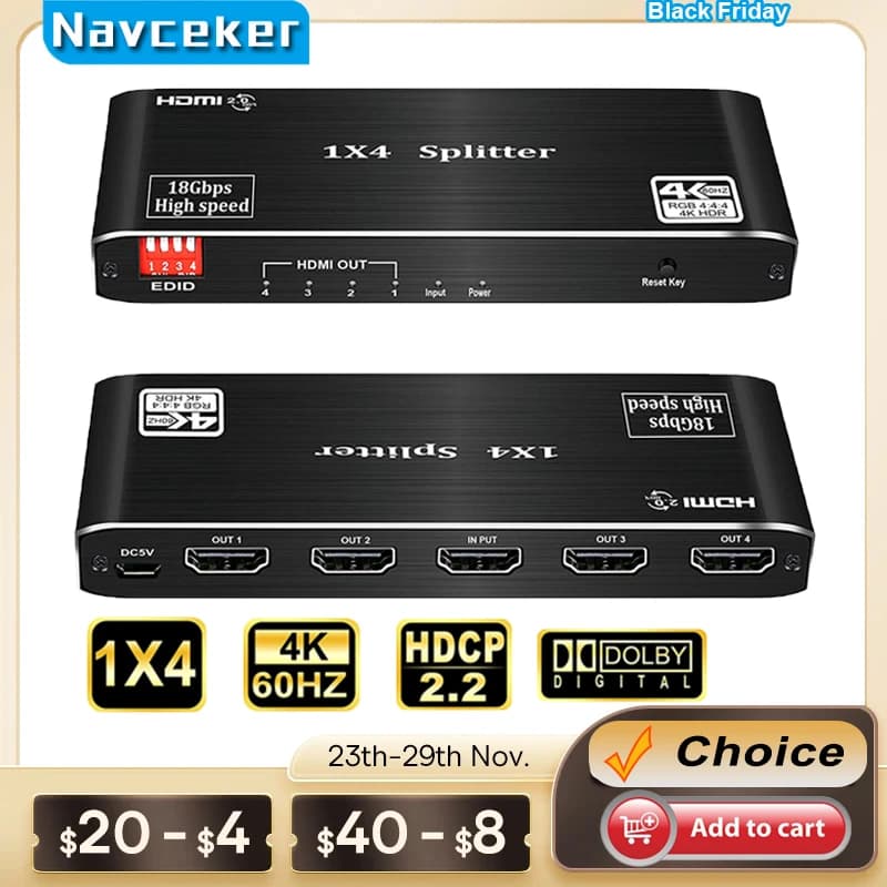 2026 Best HDMI Splitter 1x2 HDMI 2.0 Splitter 4K HDMI Video Audio Splitter Support 3D HDR 4K 60Hz Splitter HDMI 1x4 For Laptop