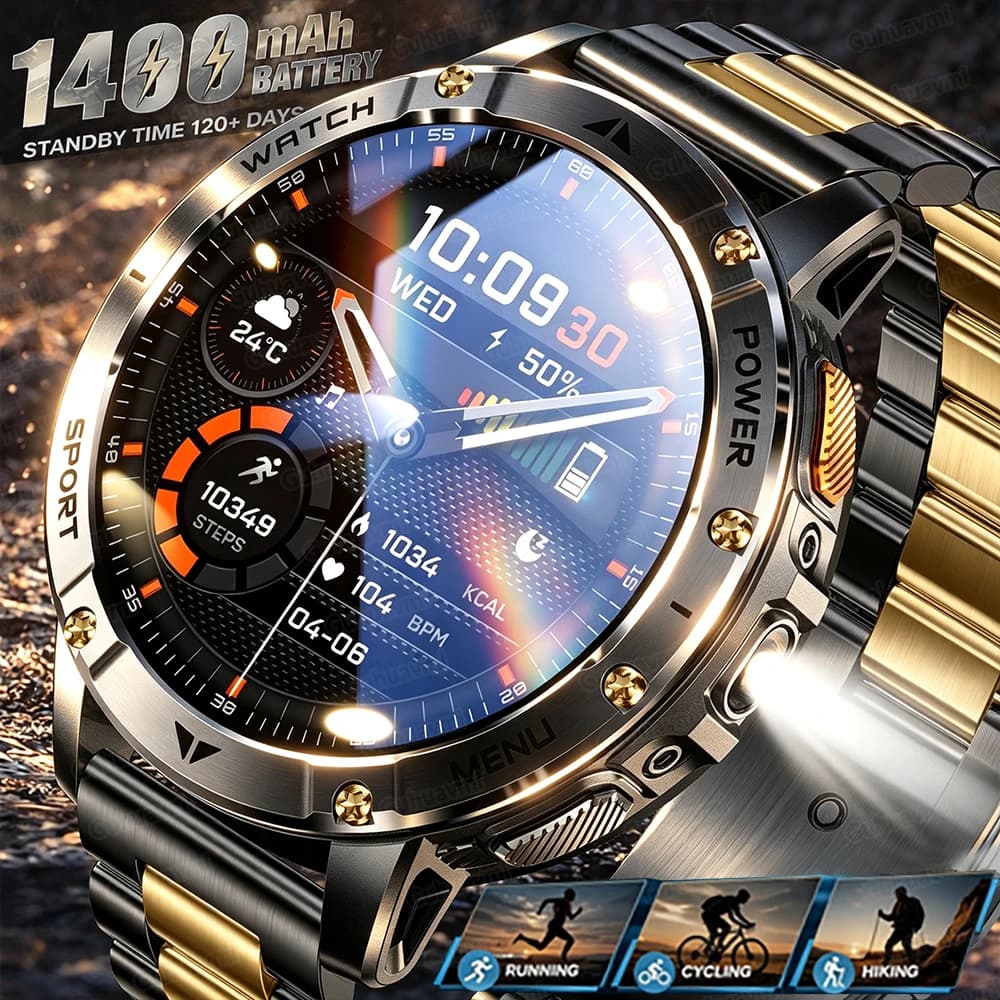 Ultra Large 1400mAh Battery Sport Smartwatch 1.7” Heart Rate Tactical Strong Flashlight 5ATM Waterproof Call Smart Watch For Men