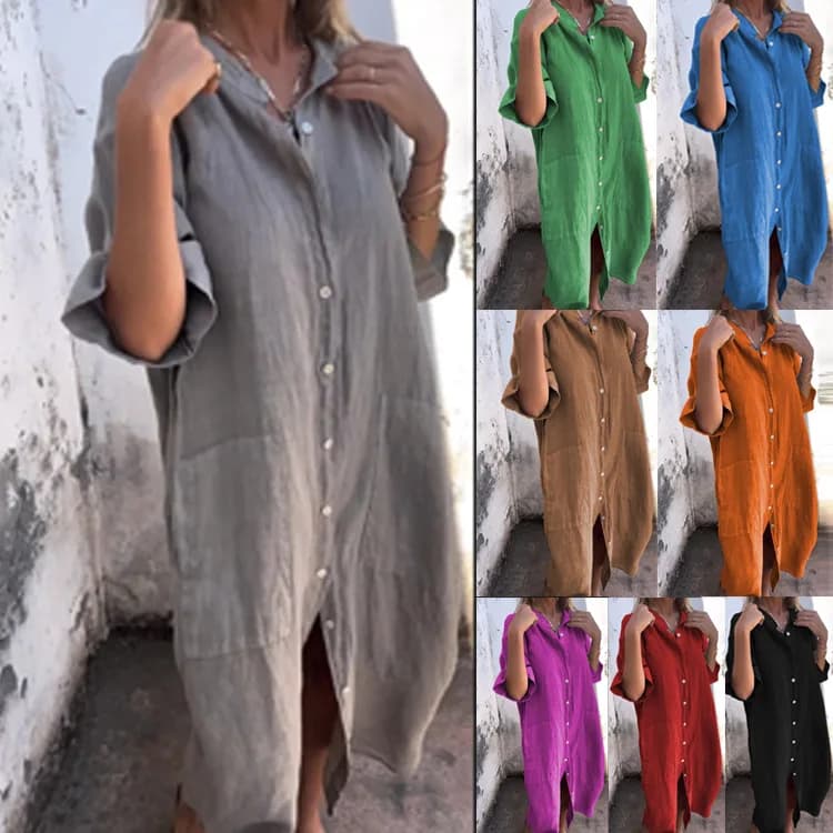 2025 Women's Cotton and Lines Shirt Dress Loose Button Pocket Large Size Half Sleeve Solid Color Casual Long Skirt