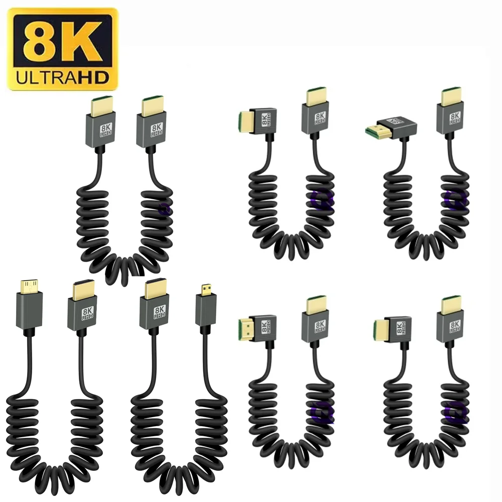 1M Portable 8K UHD Coiled Cable Mini/Micro HDMI-compatible Stretch Spring Cord for PC Laptop Tablet Camera DV Monitor HDTV