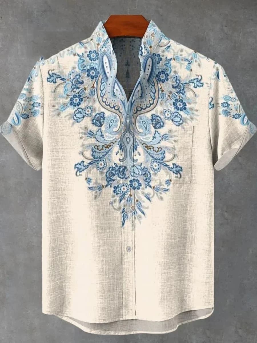 Summer Men's Printed Short Sleeve Shirt Vintage Linen Shirt Men's Festival Casual Short Sleeve Top Street Trend Fast Delivery