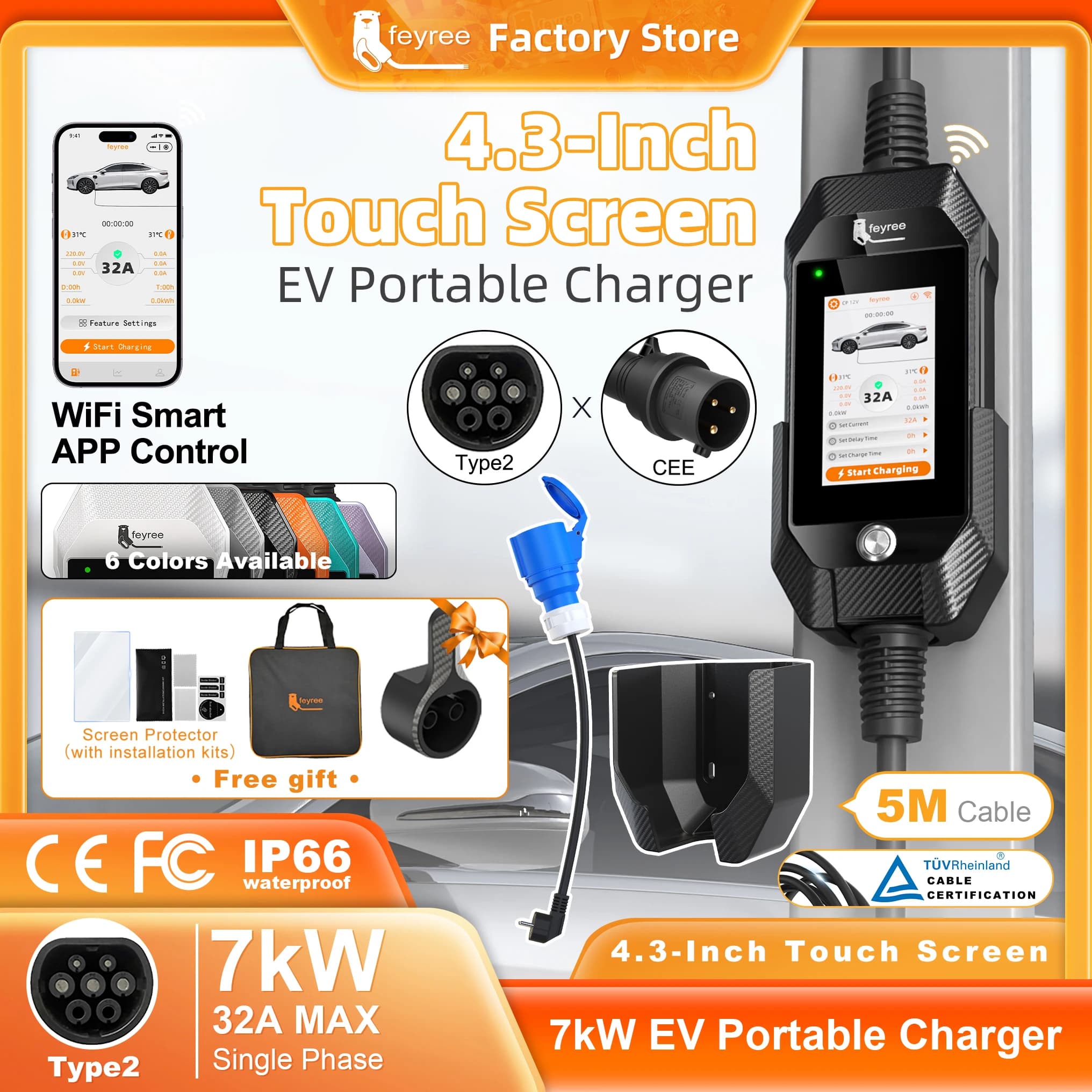 feyree Portable 7kW EV Charger Type2 Charging Plug with 4.3Inch Touch Screen, Smart Wifi APP AC Home Charger Professional Design