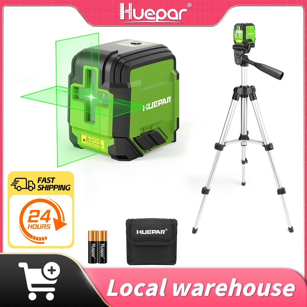Huepar 2 Lines Laser Level with Tripod 98Ft Self-Leveling Horizontal & Vertical Green Cross Line Laser with Carrying Bag