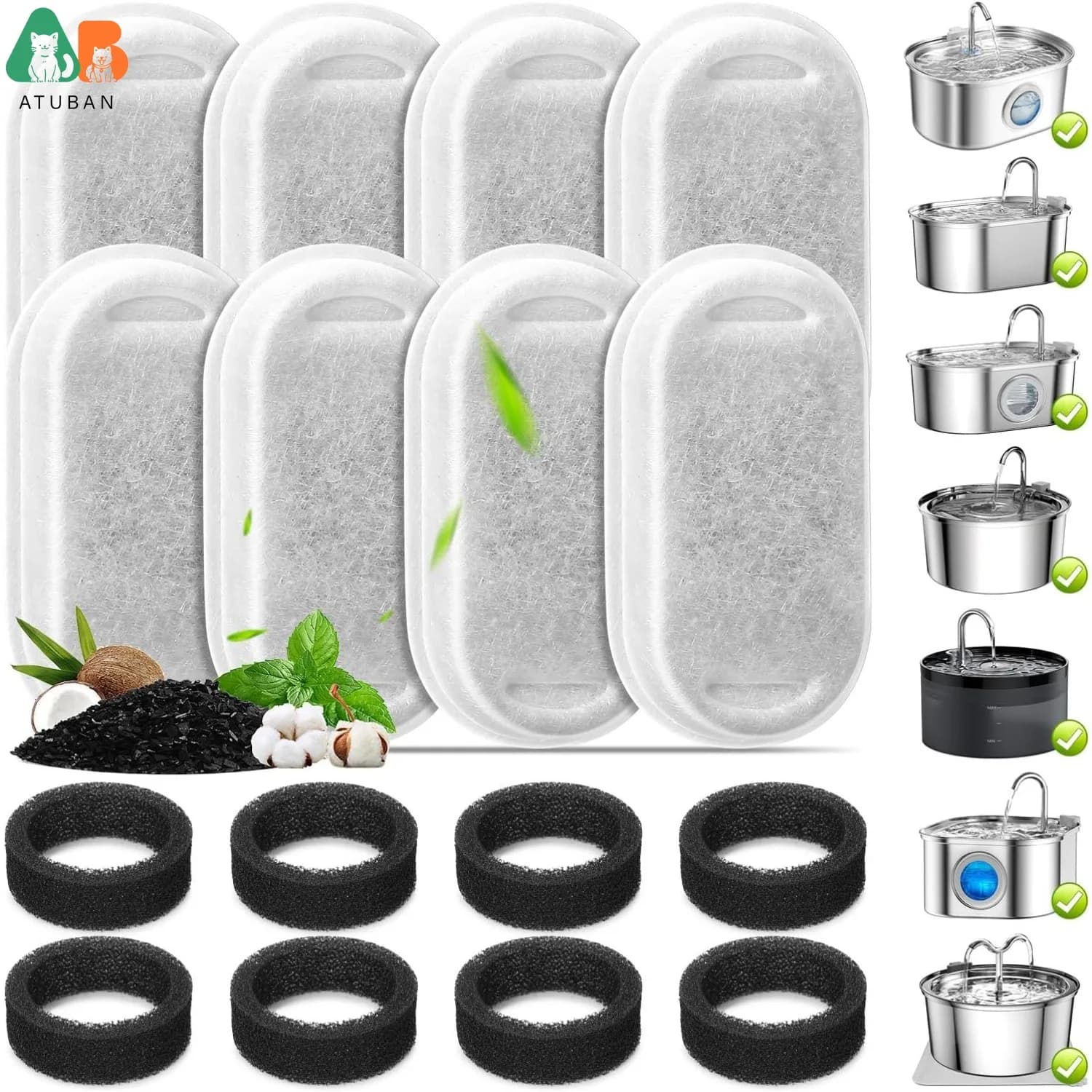 ATUBAN Cat Water Fountain Filters,Replacement Filters & Pre-Filter Sponges for 3.2L/108Oz & 67oz/2L Stainless Steel Pet Fountain