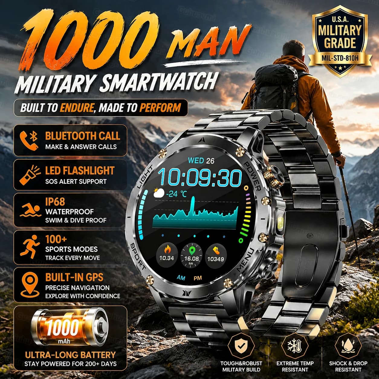 2026 Men Military Smart Watch 1000Mah Battery Fitness Tracking Waterproof Tactics Flashlight Sport Clock Smart Bracelet For Men