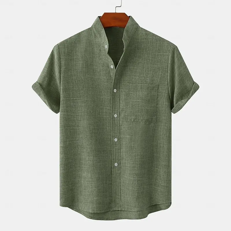 Men's tops linen 100% linen shirt half cardigan button stand collar solid color shirt linen European size