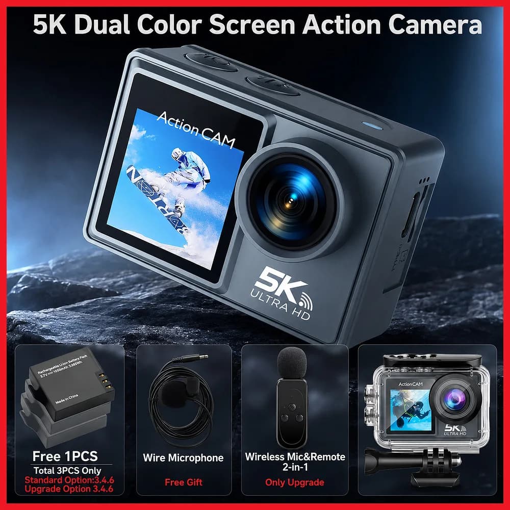 5K 4K60FPS Action Camera Dual IPS Touch LCD DVR EIS 170° 30M Waterproof 5X Zoom Sport Camera With Wireless Mic&Remote Control
