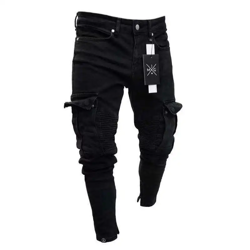 New Jeans Men Pants Wash Solid Color Multi Pockets Denim Mid Waist Cargo Jeans Plus Size Fahsion Casual Trousers Male Daily Wear