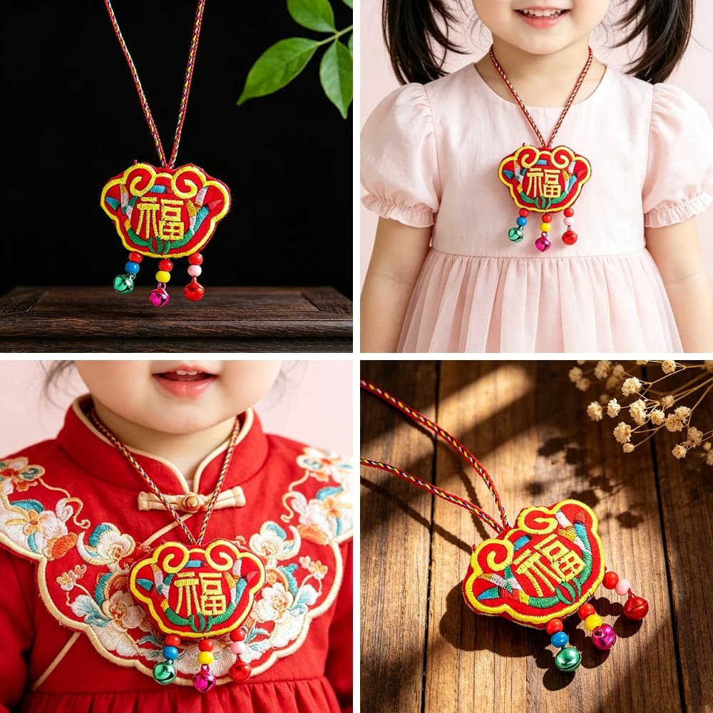 Chinese Fu Character Embroidered Safety Lock Pendant with Bell Colorful Braided Cord for Baby Blessing & Festival Decor