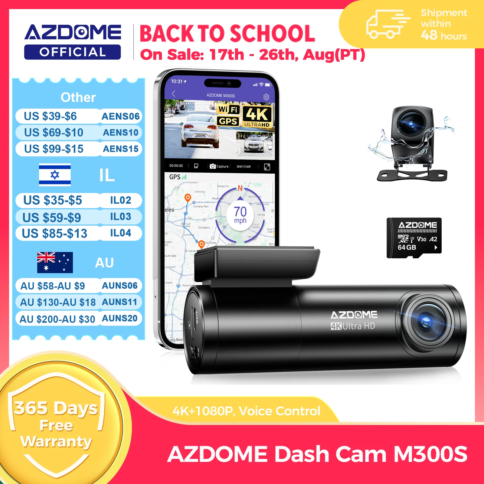 AZDOME M300S 4K Dash Cam Front and Rear, Built-in ADAS WiFi GPS Dash Camera for Cars, Free 64GB Card, Voice Control, Night Visio