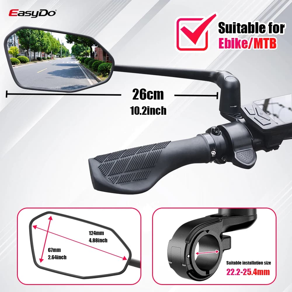 EasyDo Bike Mirror Electric Bike Handlebar Rearview Mirror with 360 Rotatable Bike Extended Mirror Arm for Road Mountain Cycling