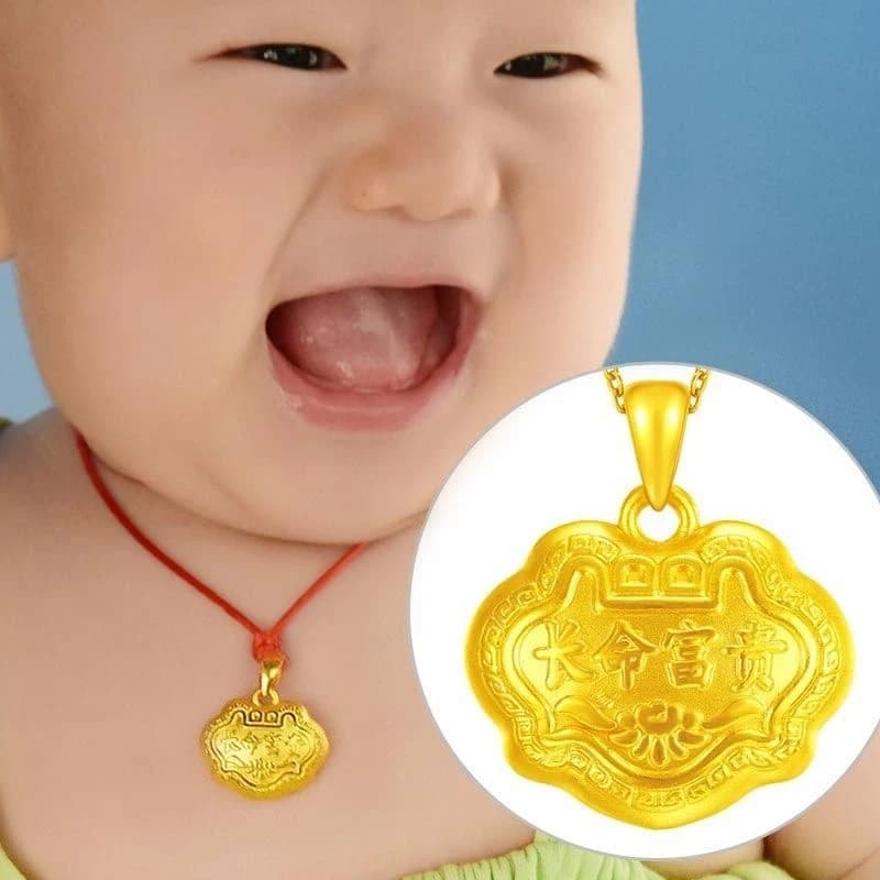 Gold-colored longevity lock baby safety lock pendant, hand-woven red string necklace, baby's first-month gift