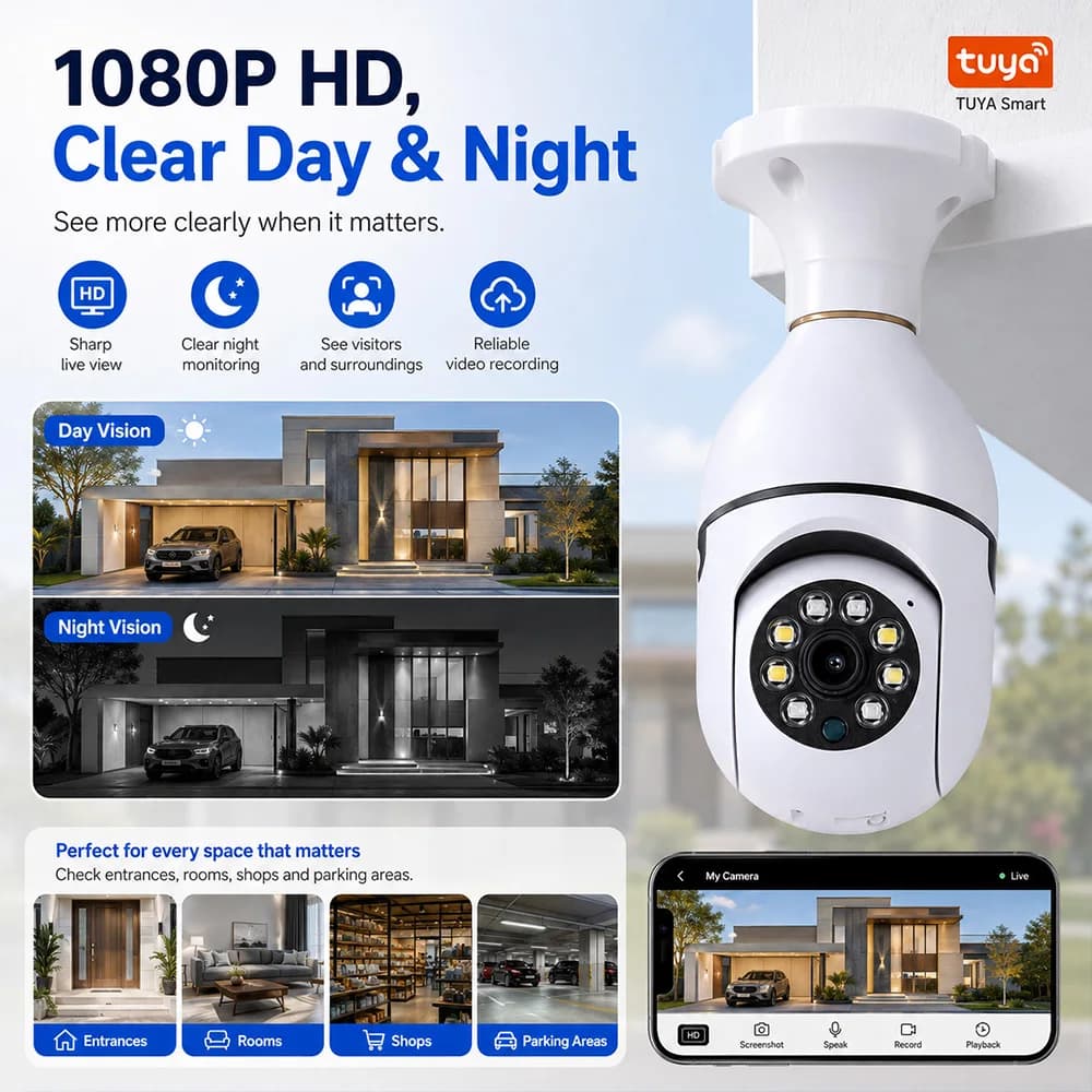 Bulb Camera Tuya Wireless Light 2MP HD E27 WiFi Security IP Camera 360 Pan Tilt Night Vision Motion Detection Two Way Audio Cam