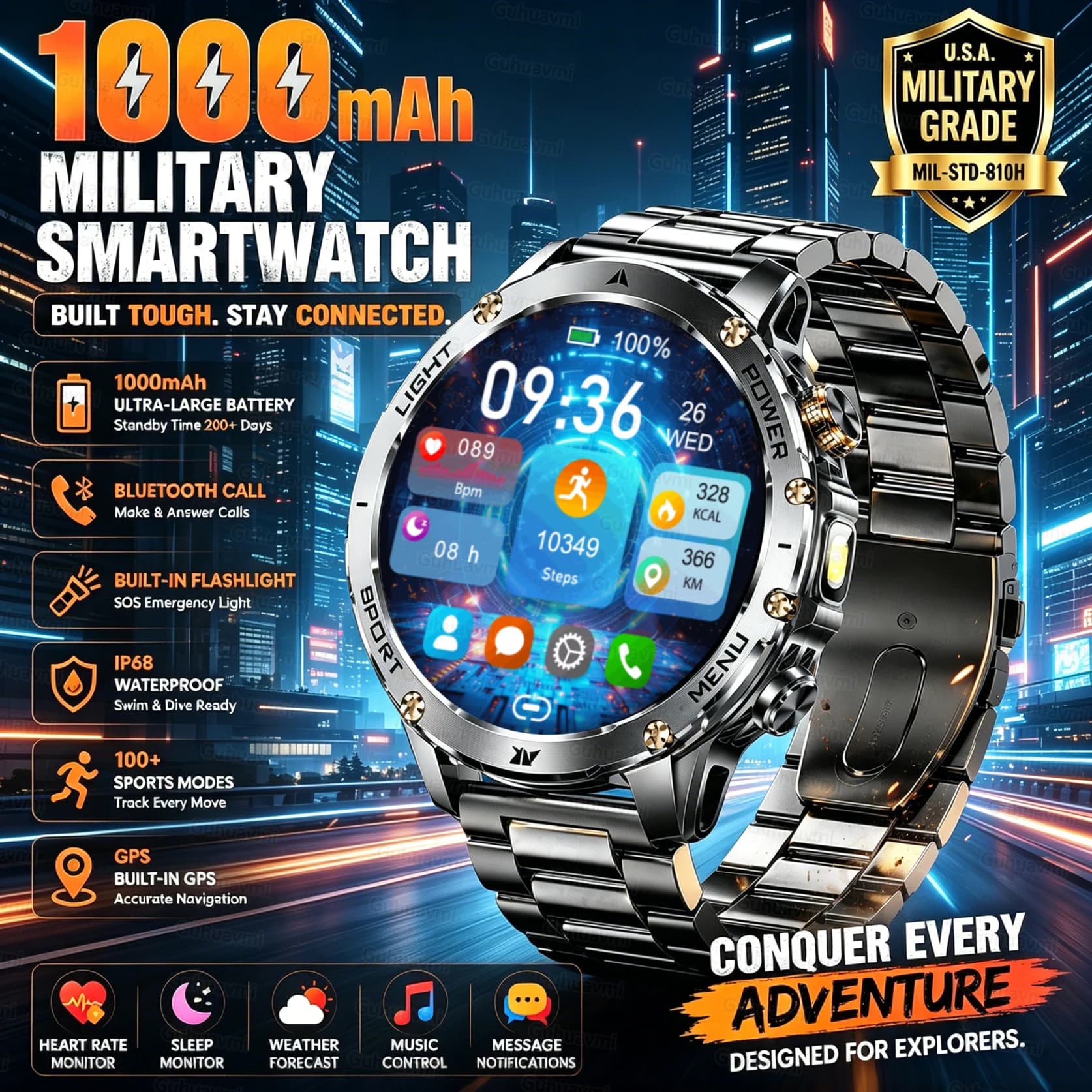 2026New Military Adventure Smartwatch Men 1000mAh big Battery Black Gold Steel Flashlight 1.7" HD Screen Sports Smart Watch Man