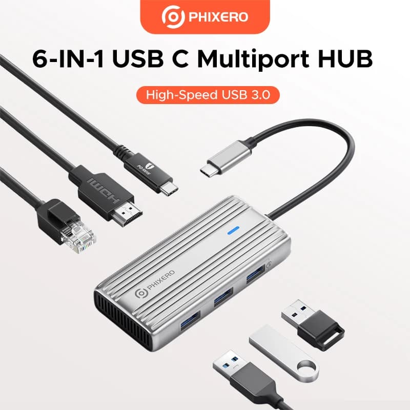 PHIXERO USB C Hub 6-in-1 Type C Splitter 4K HDMI-Compatible 3 USB3.0 PD 100W Docking Station For MacBook iPad Windows Android