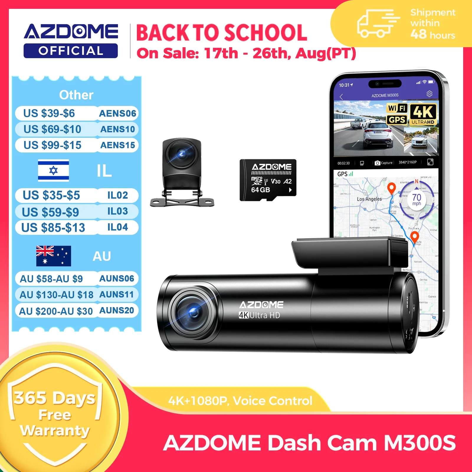 AZDOME M300S Dash Cam 4K+1080P Car Rear Camera Dash Cam 800MP Lens Built-in GPS WIFI Car DVR Voice Control Night Vision 후방카메