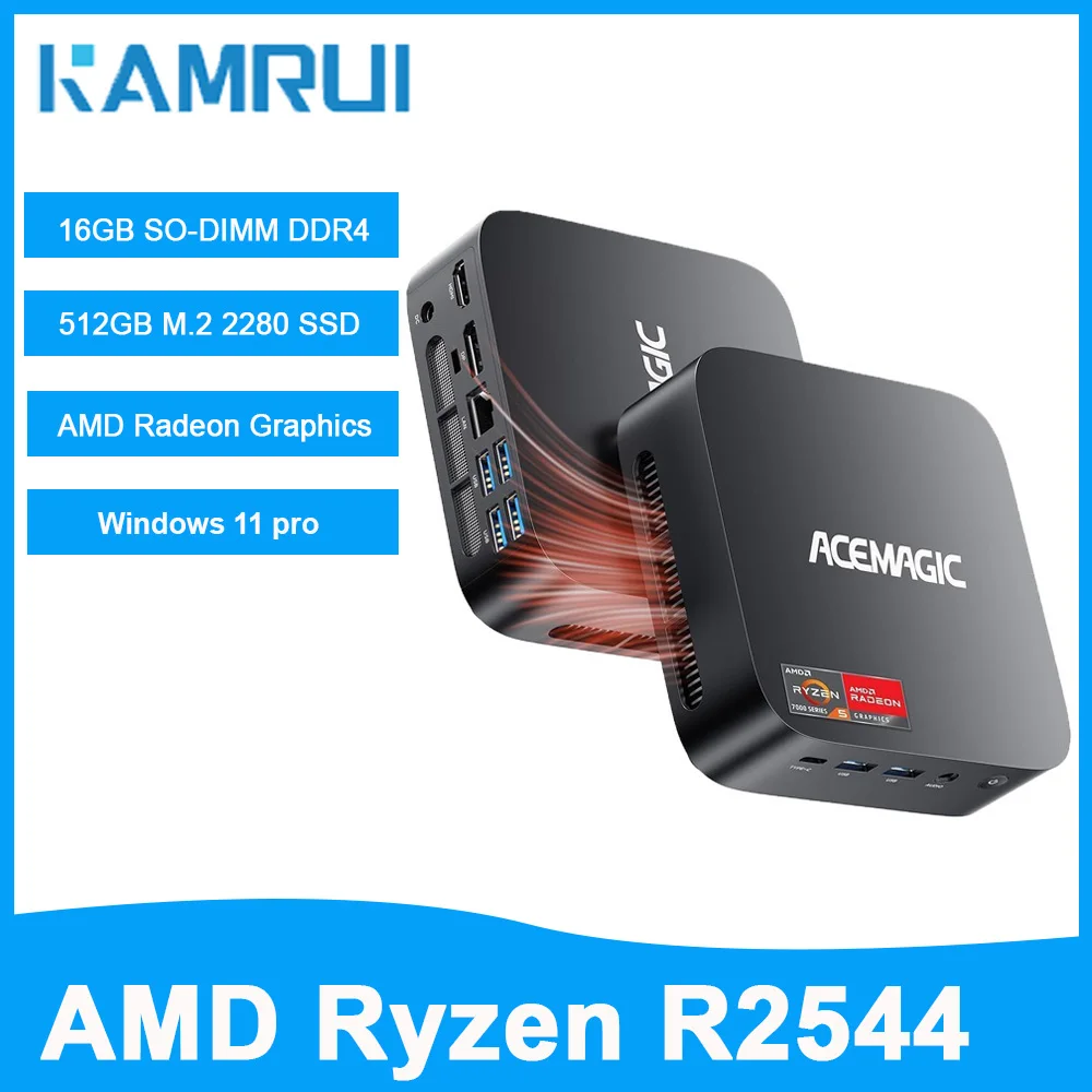 KAMRUI Mini PC AMD R2544(Beat 3500U/4300U/N150, Up to 3.7GHz)16GB DDR4 512GB M.2 SSD Mini Desktop PC 4K/WIFI for Business Office
