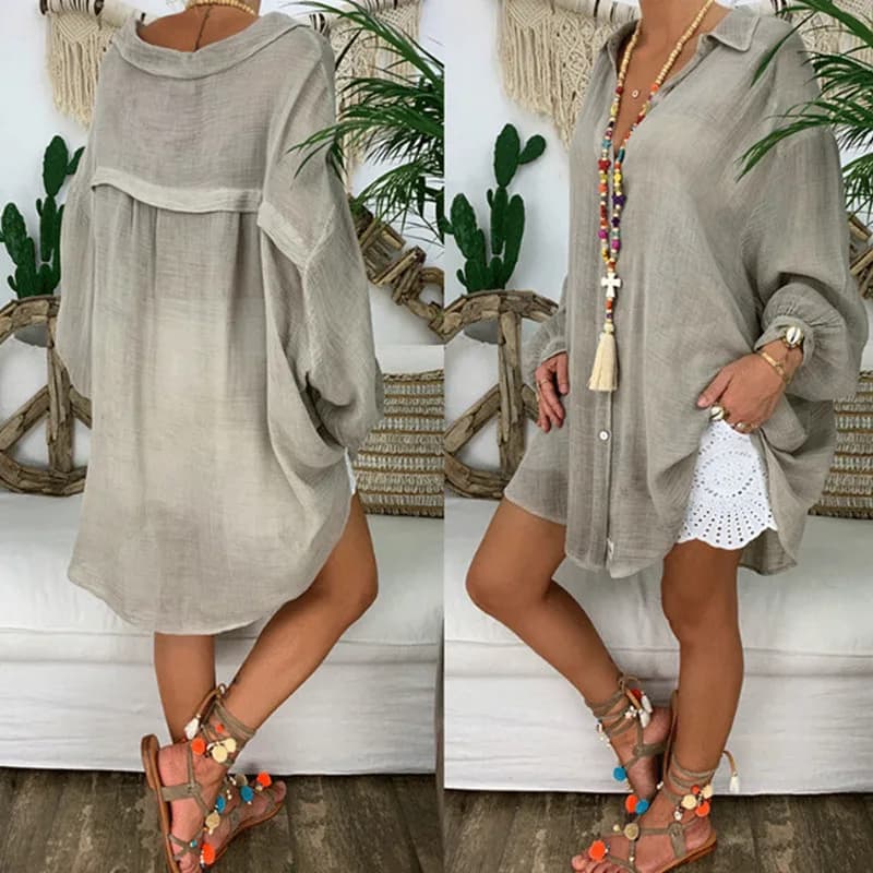 Womans Vintage Button Down Shirt Loose Casual Long Sleeve Blouse Summer Linen Cottons Female Soid Tops Plus Size Long Section
