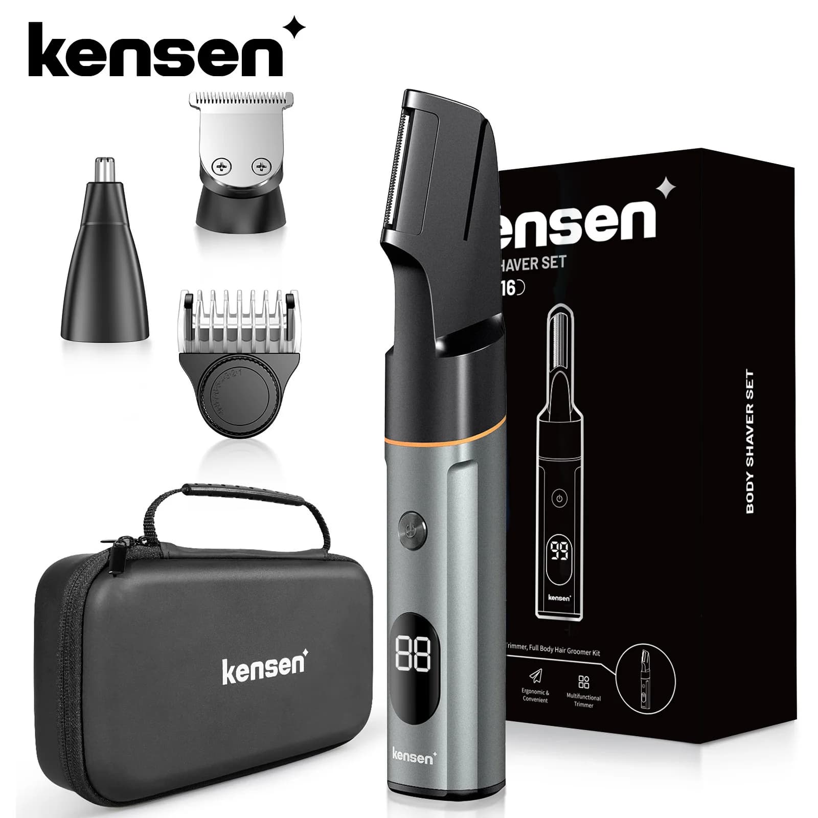 Kensen 3 in 1 Body Hair Trimmer Kit for Men Pubic Hair Shaver Nose Beard Trimmer IPX6 Waterproof Electric Shaver Hair Clippers