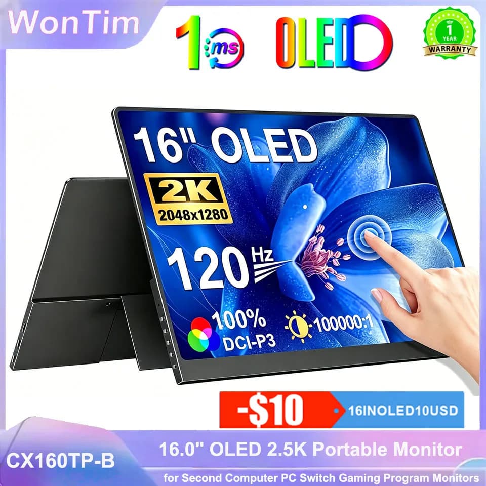 WonTim 16.0" 4K OLED Screen Portable Monitor 100% DCI-P3 Display 1MS Eye Care PC 120hz For Laptop Mac NUC Mini PC VESA LS Stand