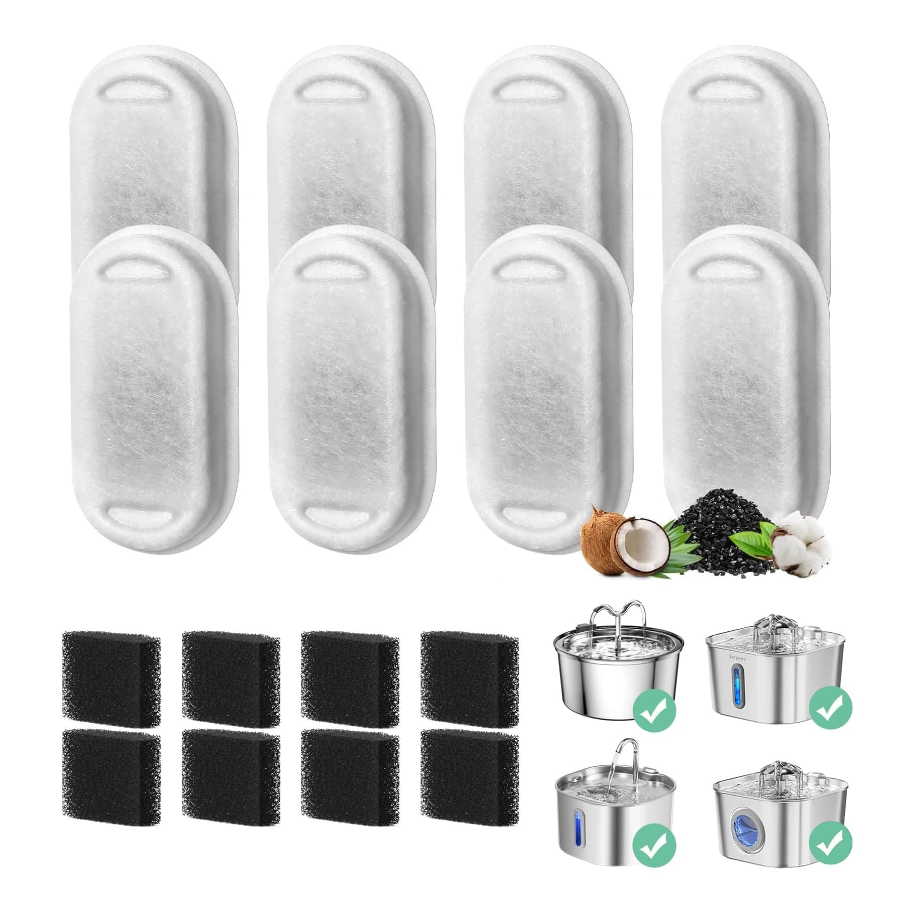 8pcs Cat Water Fountain Filter Replacement for 108oz/3.2L & 74oz/2.2L Stainless Steel cat Water Dispenser for Home Pet Hydration