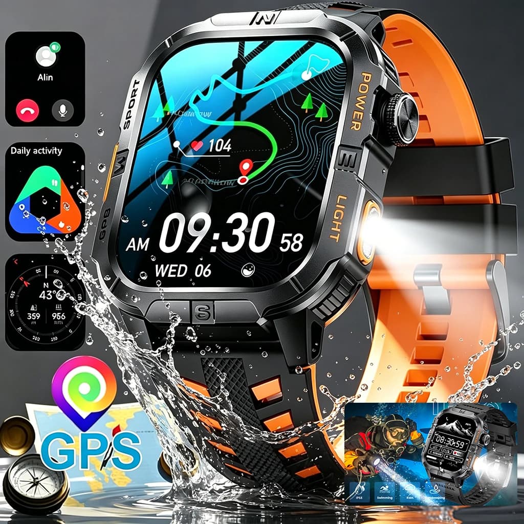 New Military Grade Smart Watch Men 2.01" AMOLED Screen Flashlight 5ATM Waterproof Swim Sports Fitness Tracker Call Smartwatches
