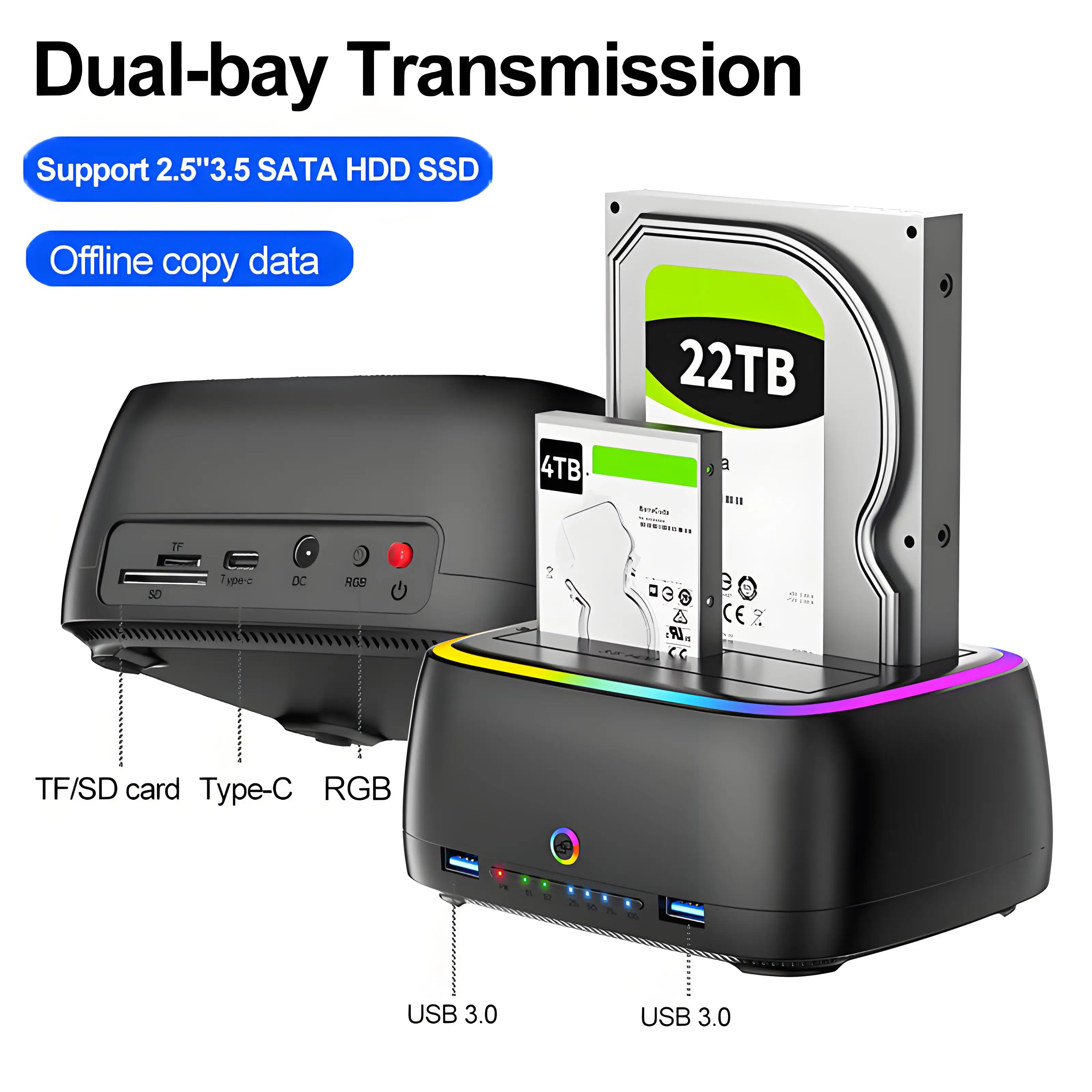7 IN 1 Dual-bay Hard Drive Station USB3.0 5Gbps SATA HDD Docking Station for 2.5/3.5' HDD/SSD Offline Clone Enclosure TF/SD Card