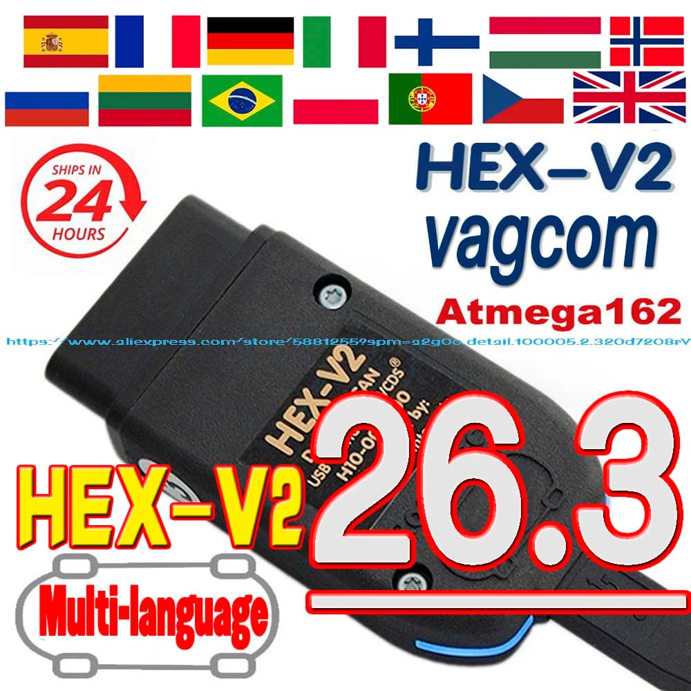 VAG COM HEX-V2 Scanner Lastnew Model V26.3 Version Multi-Language OBD2 Diagnostic VCDS Tool Cable for Audi/Skoda/Volkswagen Cars