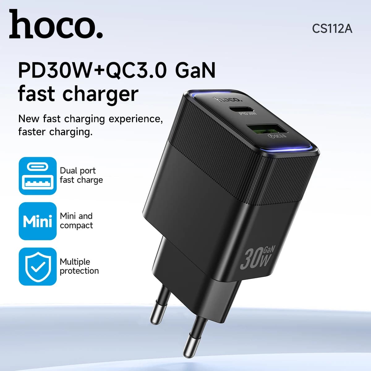 HOCO GaN PD30W Phone Fast Charging Adapter,For iPhone 17 16 15 Pro Max,EU Plug USB Type C Port Quick Charger with LED Indicator