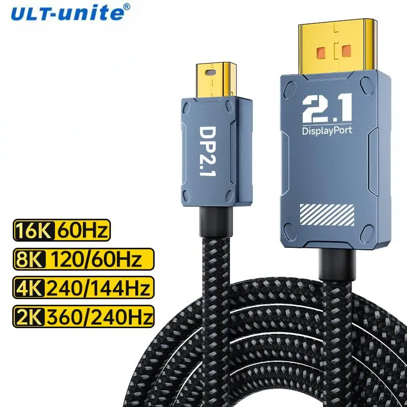 16K Mini DisplayPort to DisplayPort 2.1 Cable 8K120Hz 4K240Hz 80Gbps Bi-Directional DP to Mini DP for Gaming Laptop MacBook