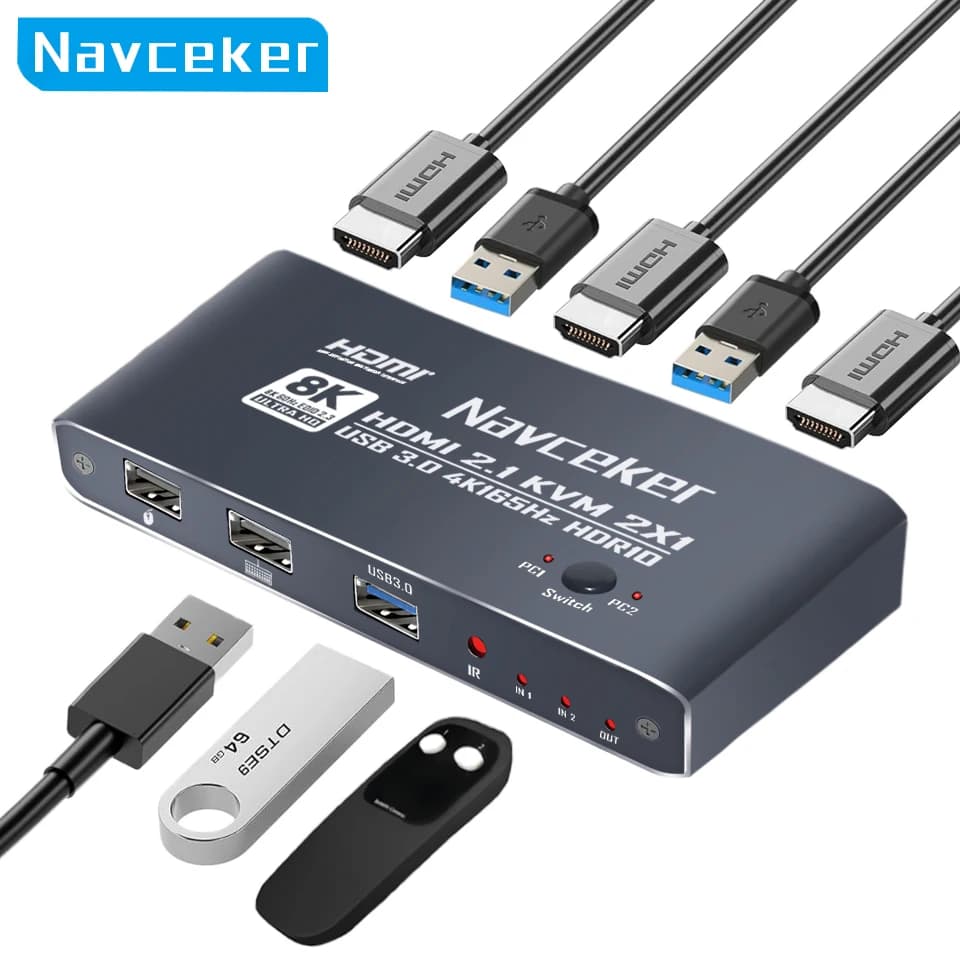Navceker KVM Switch 8K 60Hz HDMI 2 PC 4K 165Hz USB 3.0 HUB Docking Station Dock 2 Computer PC Share 3 USB Keyboard Mouse Printer