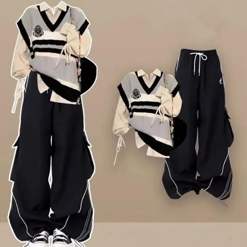 Women's Autumn Winter New Fashion Tracksuit Matching Set Korean Elegant Vintage Knit Vest+Shirt+Casual Cargo Pants 3-piece Suit