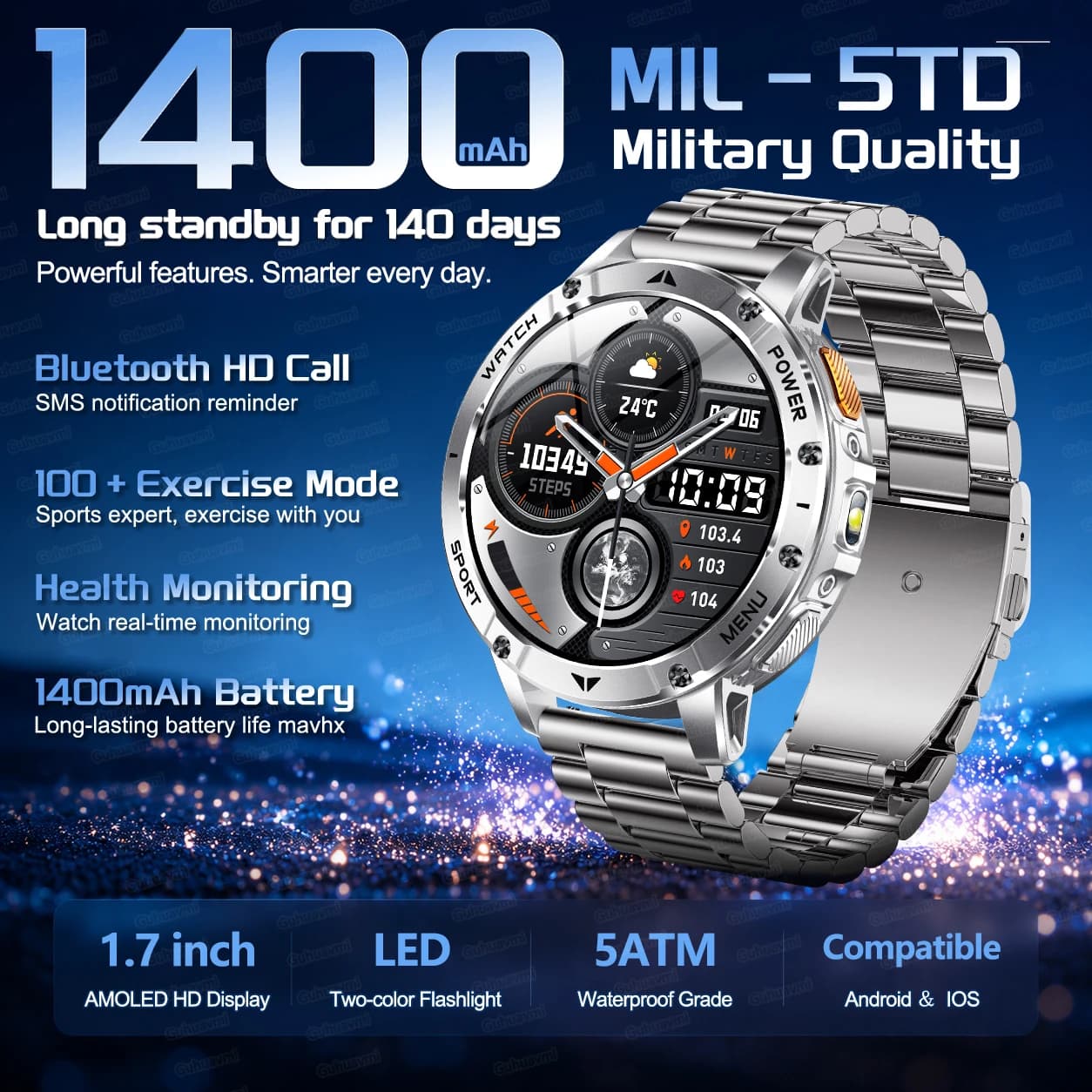New Upgrade Ultra Capacity Battery 1400mAh Military Smart Watch With Sports Outdoor Flashlight Heart Rate Waterproof Smartwatchs