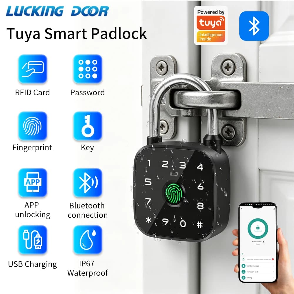 IP67 Smart Padlock Support Tuya App Fingerprint Password RFID Card Key Unlock Type-C Charging Multi-function Anti-theft Lock