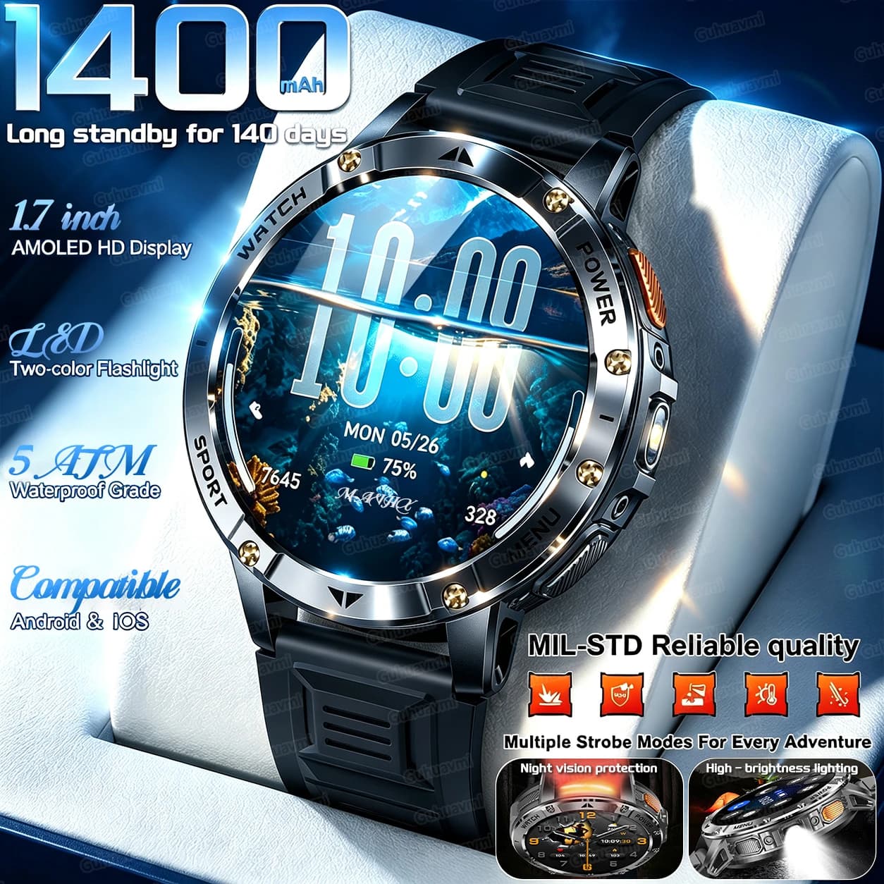 TANK Ultra Outdoor Smartwatch 1400mAh Battery Military Watches Waterproof Two-color Tactical LED Flashlight Men Sports Bracelet