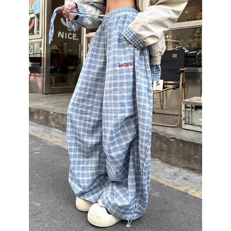 Deeptown Harajuku Vintage Y2k Blue Plaid Women Cargo Pants Embroidery Scimitar Wide Leg Korean Fashion Trousers Baggy Summer