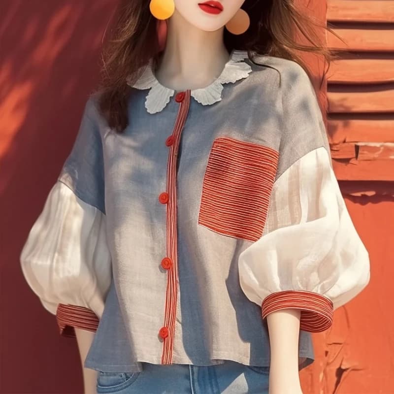 Chiffon Vintage Women's Shirt Summer New Patchwork Korean Clothing Sales Loose Short Sleeves Tops O-Neck Women Blouses