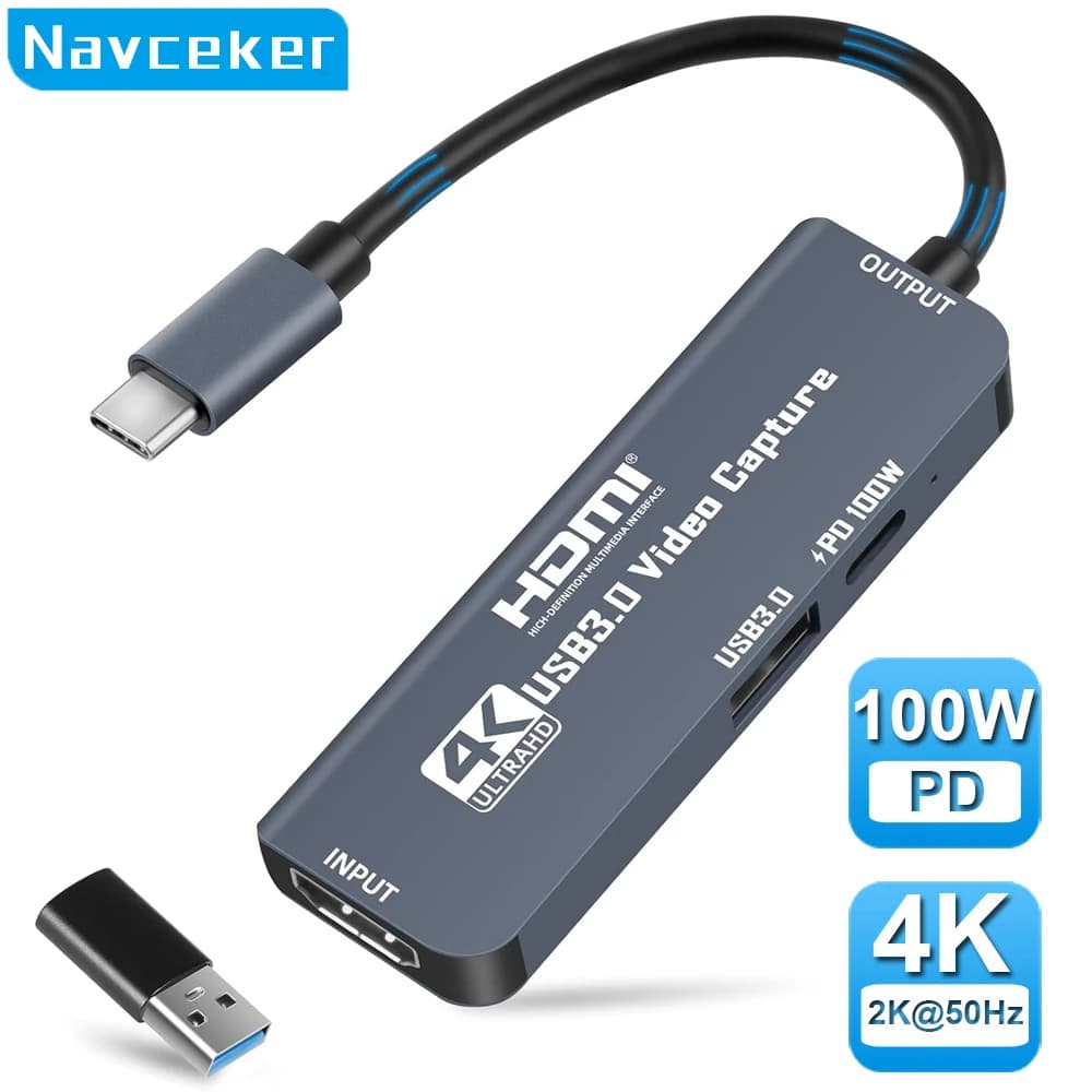 Navceker USB 3.0 Video Capture Card 4K HDMI USB C Type-C Capture Cable PD 100W for Quest 3 Switch Gaming Live Streaming Recorder