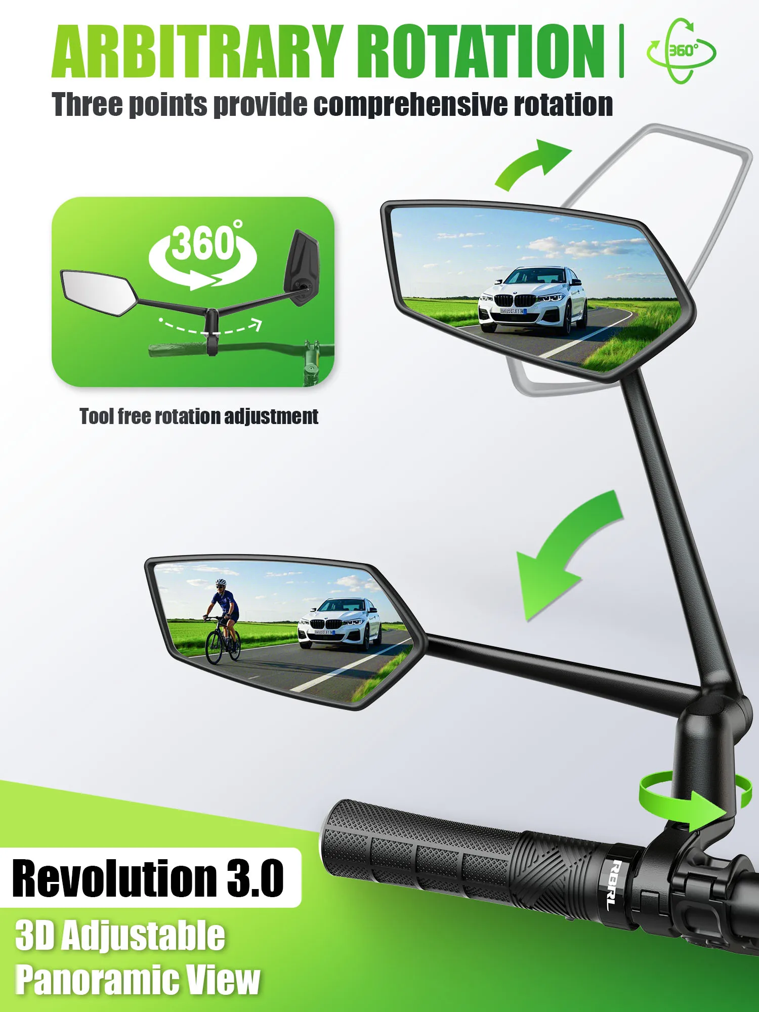RBRL Bicycle Handlebar Rearview Mirror Automotive-Grade Wide Angle Ultra Clear Bike Mirror 360 Rotatable for Electric Scooter